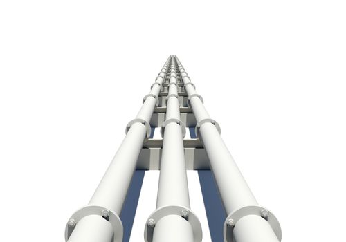 Three white industrial pipes stretching into distance. Isolated on white background. Transportation concept