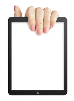 Hand holding a blank tablet on a white background