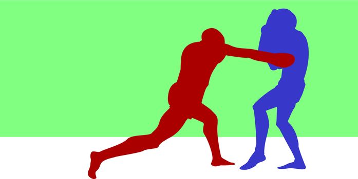 Silhouettes of boxing athletes compete against each other with a green background beneath them.