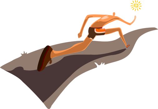 A stylized silhouette of a runner runs down the road while the sun shines brightly.