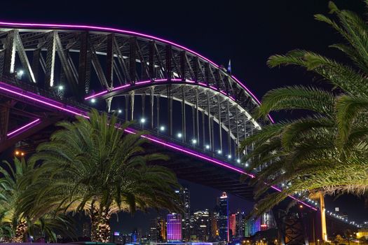 SYDNEY, AUSTRALIA - JUNE 6, 2015 - Scenic views from the harbourside walk at Milsons Point with Sydney Harbour Bridge and Sydney CBD buildings lit for Vivid Sydney annual festival.