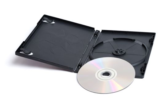 A shiny silver DVD and it's plain black case sitting alone on a white background.