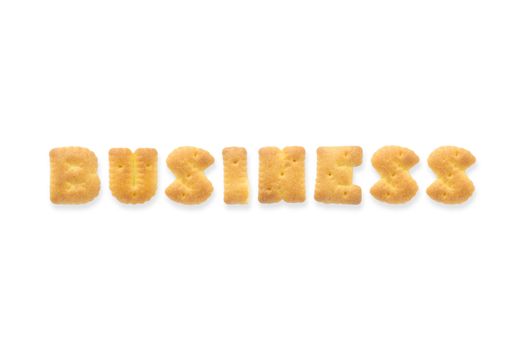 Collage of the capital letters word BUSINESS. Alphabet cookie biscuits isolated on white background