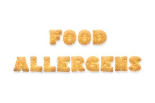 Collage of the capital letters word FOOD ALLERGENS. Alphabet cookie biscuits isolated on white background