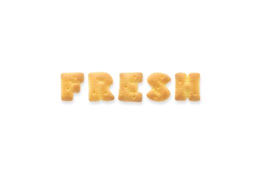 Collage of text word FRESH. Alphabet biscuit cracker isolated on white background