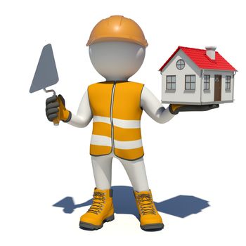 Worker in vest, shoes and helmet holding trowel and small house. Isolated render on white background