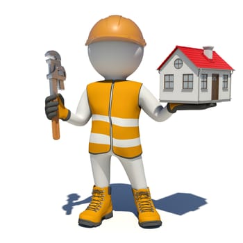 Worker in vest, shoes and helmet holding wrench and small house. Isolated render on white background
