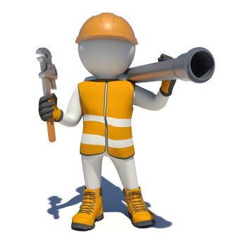 Worker in vest, shoes and helmet holding wrench and sewer pipe. Isolated render on white background