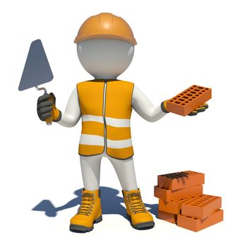 Worker in vest, shoes and helmet holding trowel and red brick. Stack of bricks located next. Isolated render on white background
