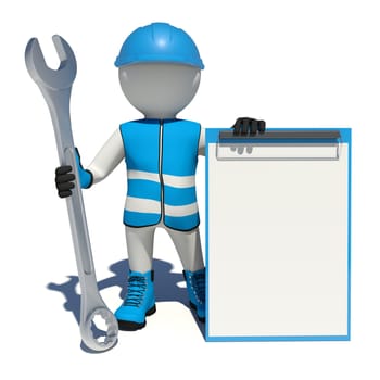 Worker in vest, shoes and helmet holding wrench and clipboard. Isolated render on white background