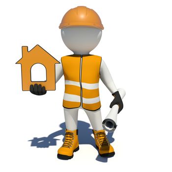 Worker in vest, shoes and helmet holding house icon and scroll paper. Isolated render on white background