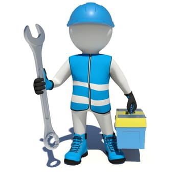 Worker in vest, shoes and helmet holding wrench and tool box. Isolated render on white background