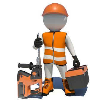 Worker in vest, shoes and helmet holding electric perforator and tool box. Isolated render on white background
