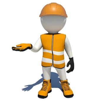 Worker in orange vest, shoes and helmet holding empty palm up. Isolated render on white background