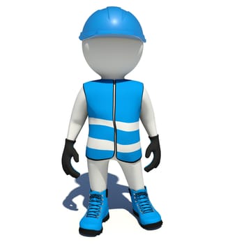 Worker in blue vest, shoes and helmet. Isolated render on white background