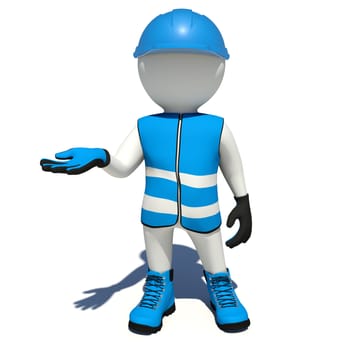 Worker in blue vest, shoes and helmet holding empty palm up. Isolated render on white background