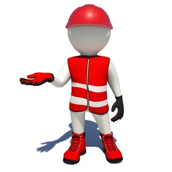 Worker in red vest, shoes and helmet holding empty palm up. Isolated render on white background