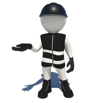 Worker in black vest, shoes and helmet holding empty palm up. Isolated render on white background
