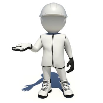 Worker in white vest, shoes and helmet holding empty palm up. Isolated render on white background