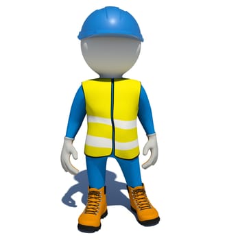 Worker in yellow vest, orange shoes and blue helmet. Isolated render on white background