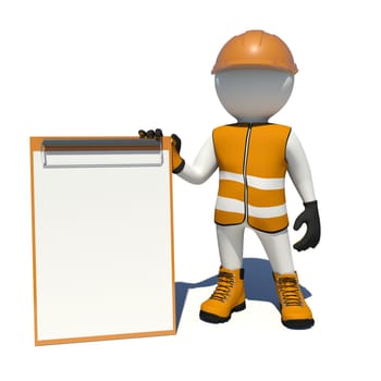 Worker in vest, shoes and helmet holding empty clipboard. Isolated render on white background
