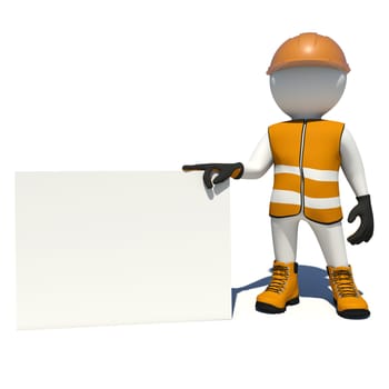 Worker in vest, shoes and helmet holding big empty paper card. Isolated render on white background