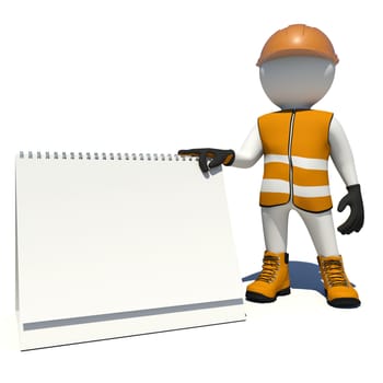 Worker in vest, shoes and helmet holding empty loose-leaf calendar. Isolated render on white background