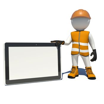 Worker in vest, shoes and helmet holding tablet pc with empty touch screen. Isolated render on white background