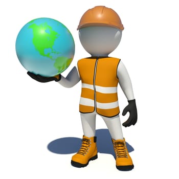 Worker in vest, shoes and helmet holding Earth. Isolated render on white background