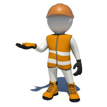 Worker in vest, shoes and helmet holding empty palm up. Isolated render on white background