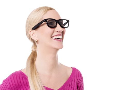 Cheerful woman wear a new eyeglasses and looking up