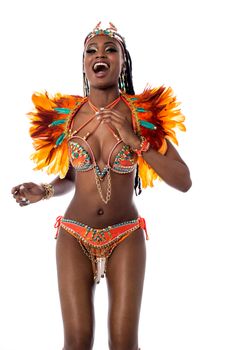 Samba woman dancer celebrating over white