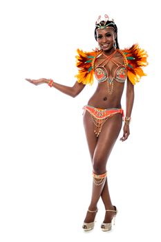 Samba dancer woman showing to copy space