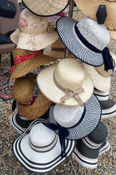 Retro vintage fashion women's hats in a shop display                               