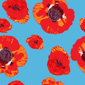Floral seamless pattern with red poppies over a blue summer background