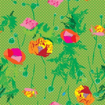 Floral seamless pattern with poppies over a green Pop Art background with dots