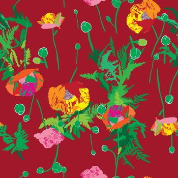 Floral seamless pattern with poppies over a dark red background