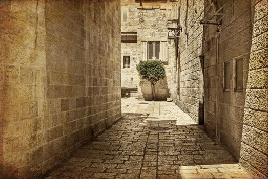 Ancient Alley in Jewish Quarter, Jerusalem. Israel. Photo in old color image style.