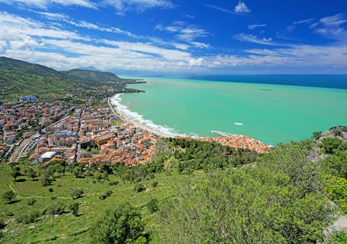 Panoramic view of village Cefalu and ocean, Sicily, Italy