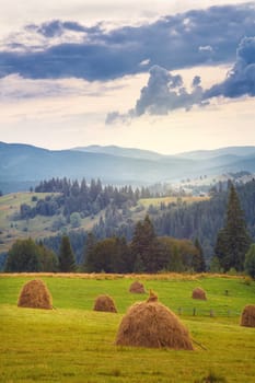 Summer mountain village view with stacks of straw