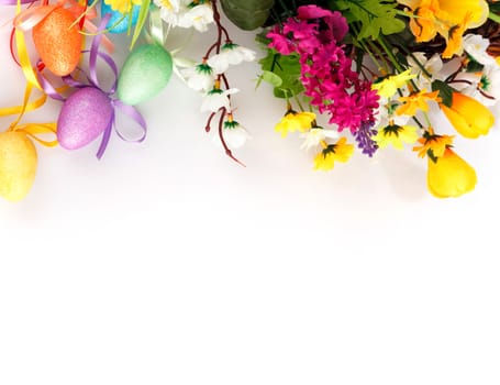 colored easter eggs with flowers on a white background with space for text