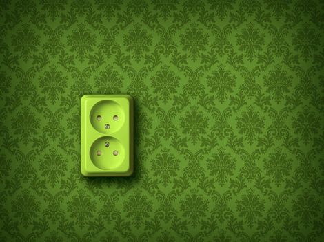 Green socket on green wall, renewable eco energy concept