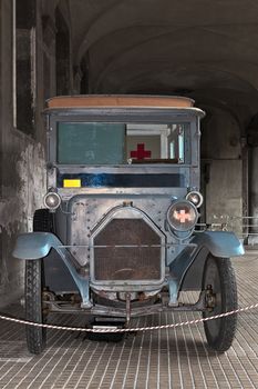 antique ambulance with red cross