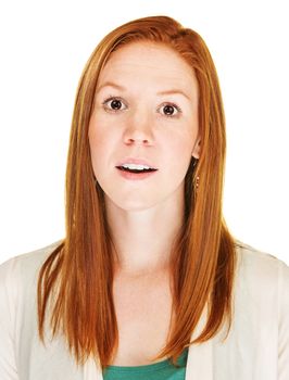 Isolated amazed female with red hair over white background