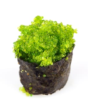 Traditional japanese sushi with green caviar isolated