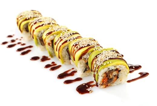 Traditional japanese sushi  with sous isolated on white background