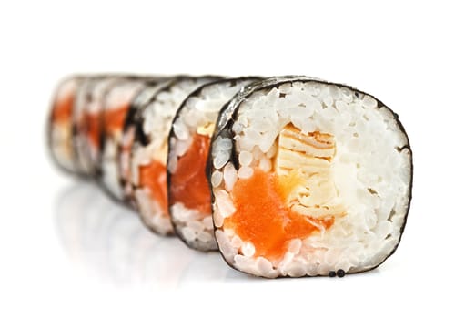 fresh japanese sushi rolls on a white background