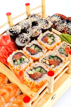 Different Types of Maki Sushi and Nigiri Sushi on white backgraund