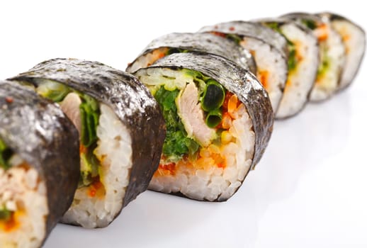 traditional fresh japanese sushi rolls solated on white background