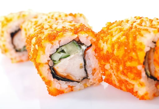 traditional fresh japanese sushi rolls on a white background